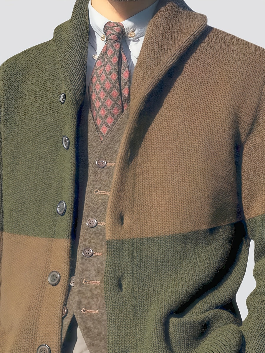 Men'S Elegant Patchwork Lapel Knit Cardigan, Unisex Color-Block Sweater Button-Up Jacket, Fashionable Casual Sweater for Men, Regular Fit for Spring And Autumn - Olive Green