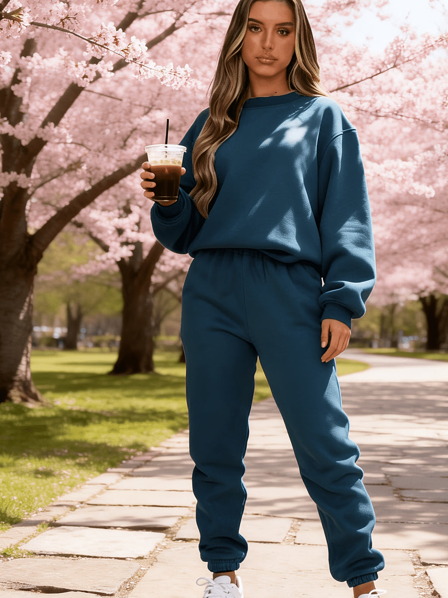 Targeted Western Fashion Casual Trendy Sweatshirt And Sweatpants Set - Dark Blue 1