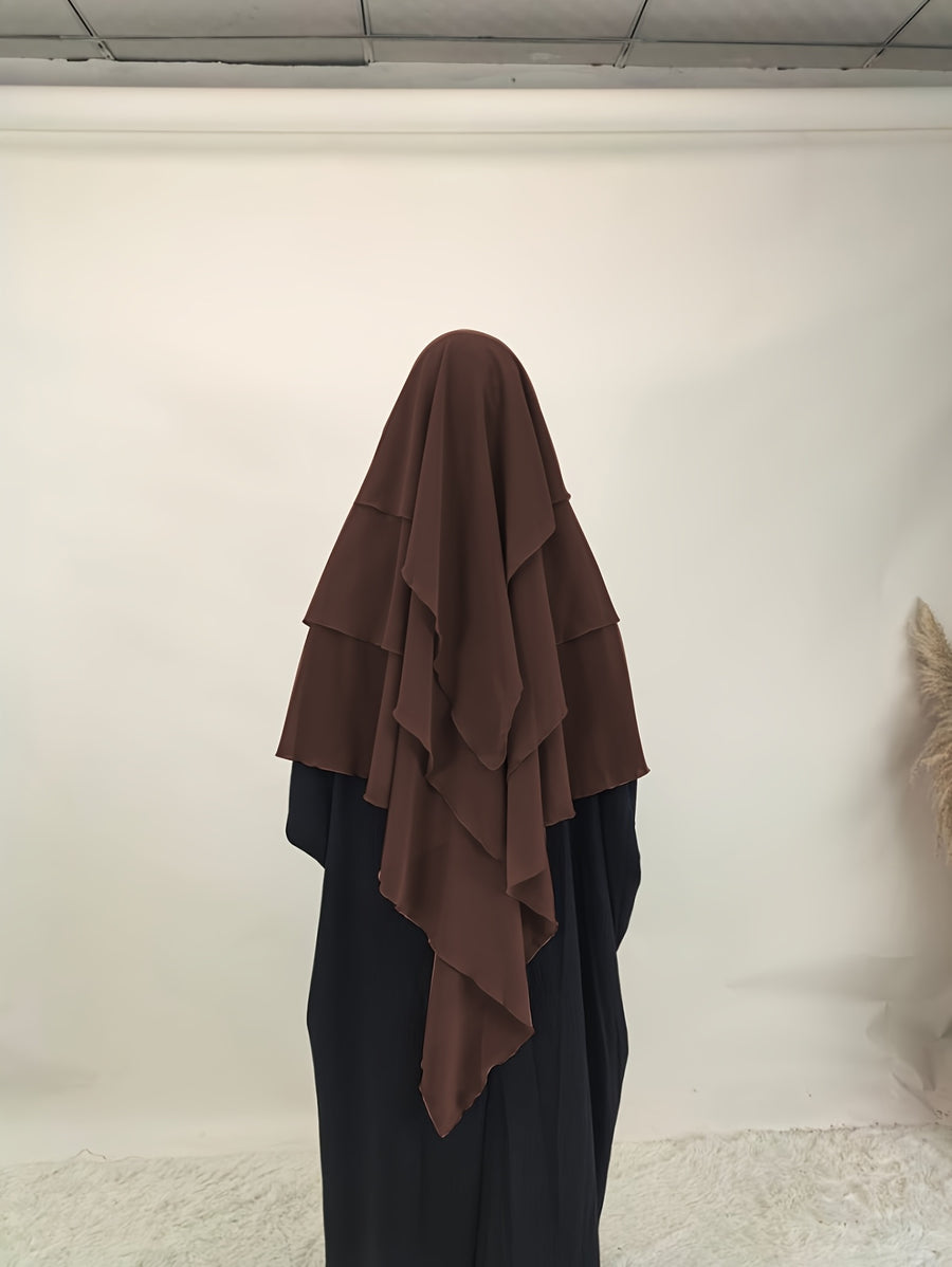 1pc Fashionable, Elegant and Casual Three-layer Chiffon Fabric Solid Color Suitable for Daily Wear, Loose and Comfortable Women's Abaya Headscarf, Women Wedding Robe Aid Femme Abayas for Women Muslim Jilbab Femme Khimar - Coffee Color