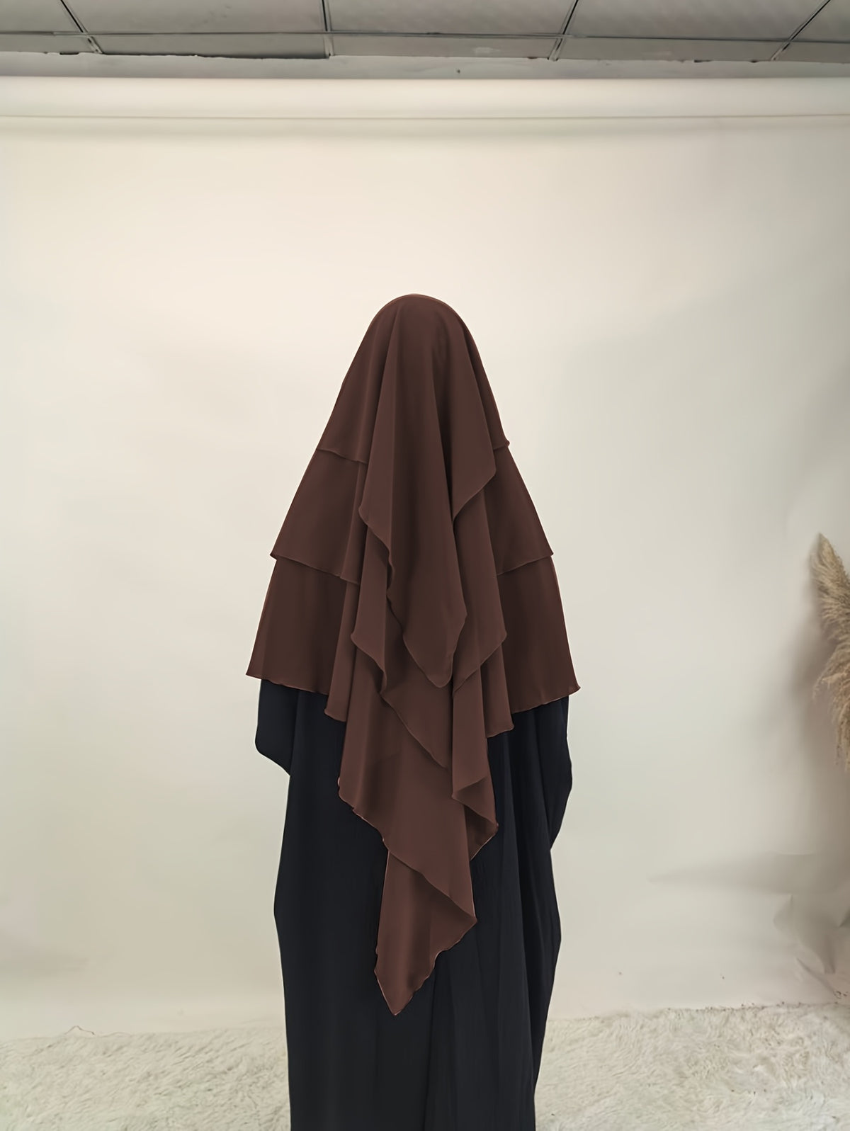 1pc Fashionable, Elegant and Casual Three-layer Chiffon Fabric Solid Color Suitable for Daily Wear, Loose and Comfortable Women's Abaya Headscarf, Women Wedding Robe Aid Femme Abayas for Women Muslim Jilbab Femme Khimar - Coffee Color