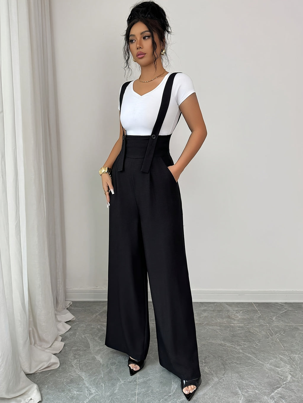 French-Style Elegant High-waist Wide-leg Overalls, Fashionable for Commuting, Versatile for Casual Wear - Black