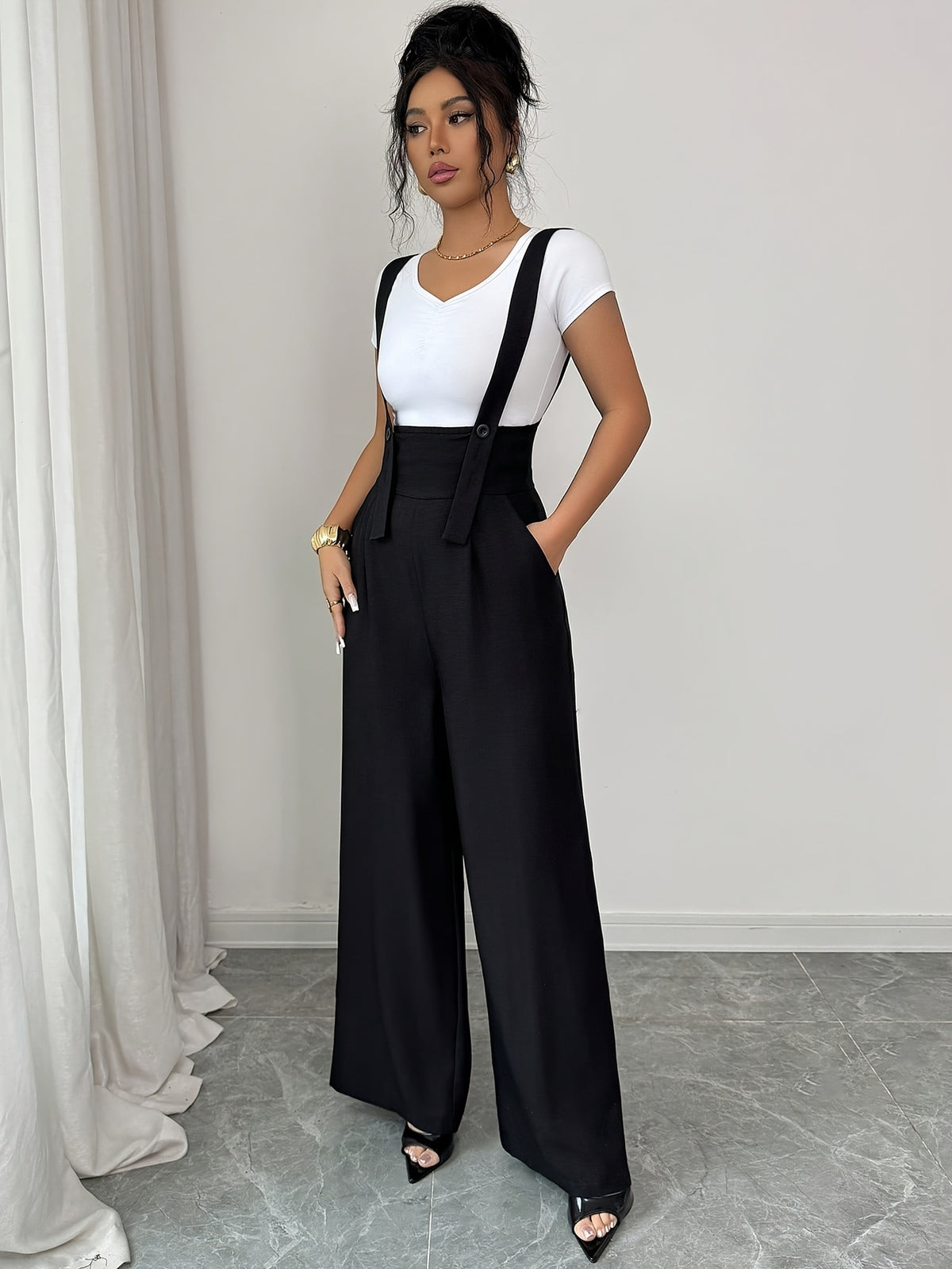 French-Style Elegant High-waist Wide-leg Overalls, Fashionable for Commuting, Versatile for Casual Wear - Black