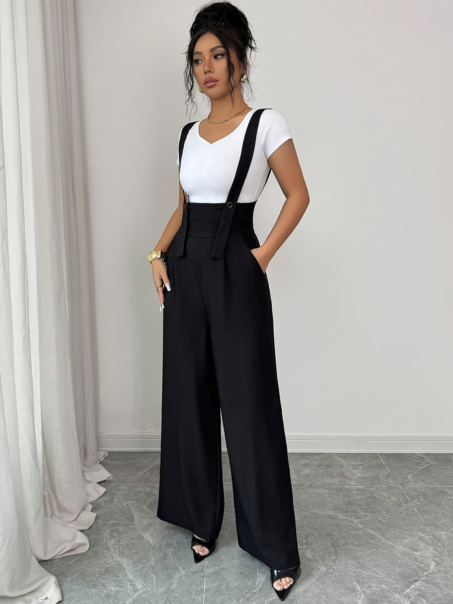 French-Style Elegant High-waist Wide-leg Overalls, Fashionable for Commuting, Versatile for Casual Wear - Black