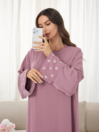 1pc (Headscarf Not Included) Elegant Cute Cuffed Small Daisy Embroidery Dress, Fashionable, Elegant, And Casual Abaya Dress with Embroidered Small Chrysanthemums at The Cuffs, No Scarf, Solid Color, Suitable for Daily Wear - Fuchsia