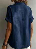 Women'S Elegant Vacation Style Short Sleeve Top, Loose Lazy Shirt, Commute Casual Literary Style, And Covering, Daily Temperament Style, Loose Drape, Breathable And Comfortable - Navy Color