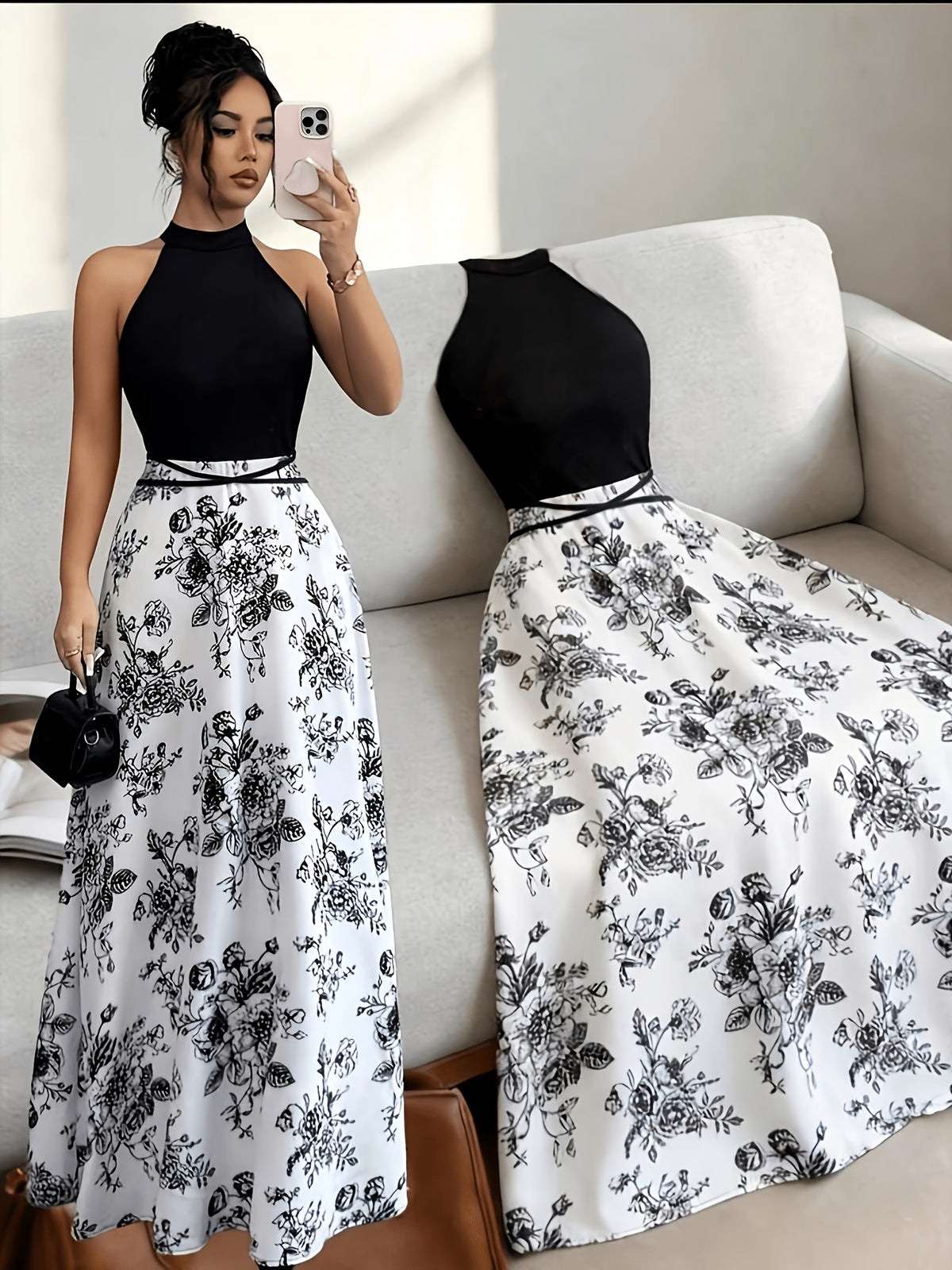 Neck-tie Sleeveless Top + Ink-wash Print Mid-length Skirt, Elegant and Graceful Waist-cinching Dress - Mixed colors
