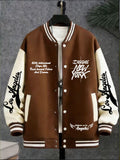 Men's Essential New Baseball Jacket: Color-Block Varsity Style New York Los Angeles Series Printed Jacket - Polyester, Baseball Collar, Pockets - 8 Colors Available for All Seasons, Versatile Fashion for Parties, Outings, and Outdoor Sports - Coffee Brown