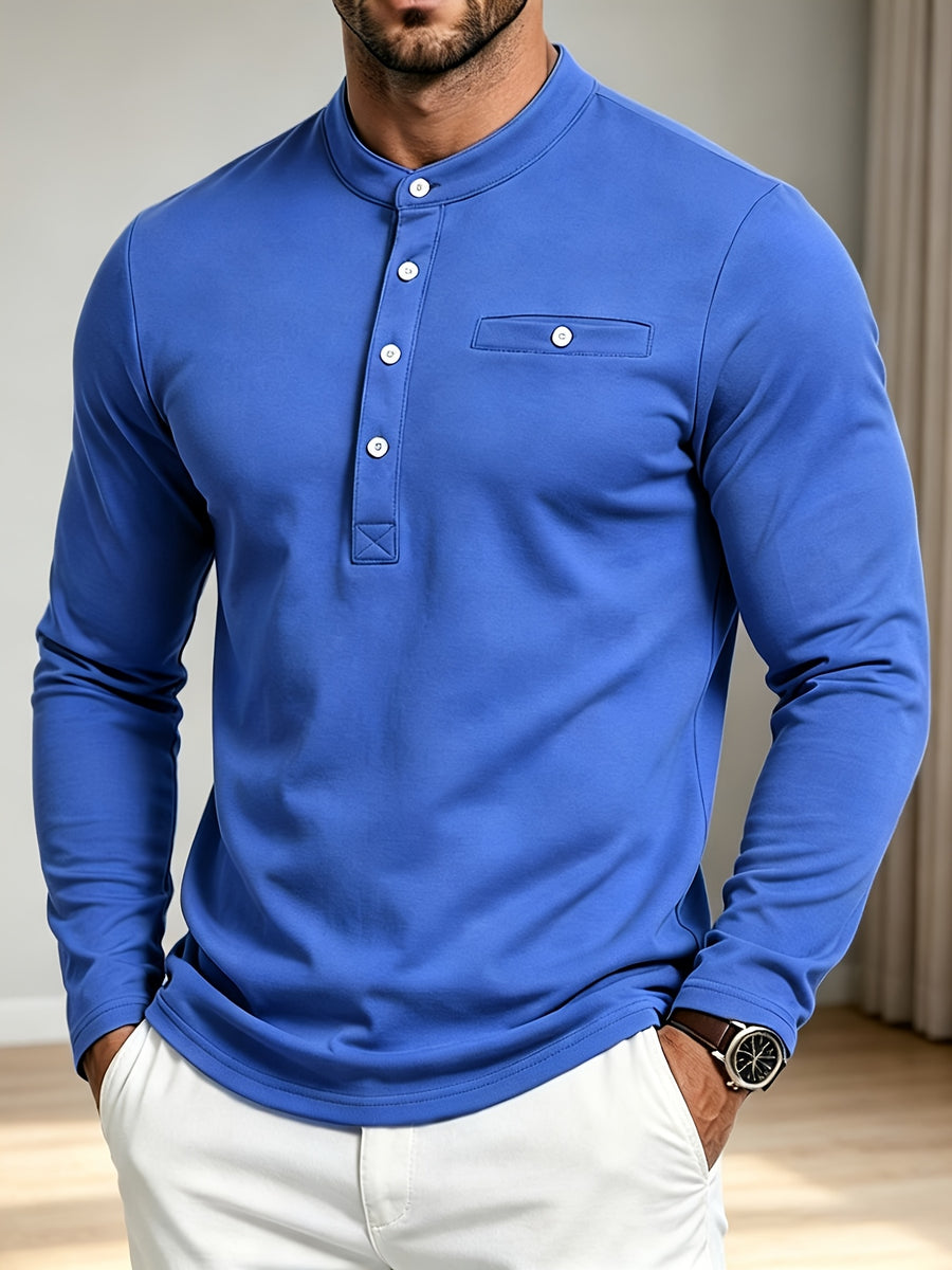 Men Spring Autumn Textured Mandarin Collar Henley 5-button Long Sleeve Top. Slim Soft Breathable Wrinkle-resistant Long Tee for Daily Business Commute & Casual Wear. - Light Blue