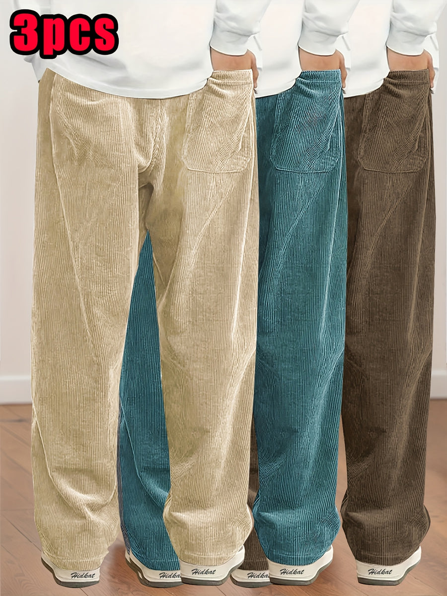 3pcs Women's Straight-Leg Corduroy Casual Pants, Thin Spring/Autumn Fashion Drawstring Waist Trousers for Daily Wear and Dating - Khaki + Blue + Brown