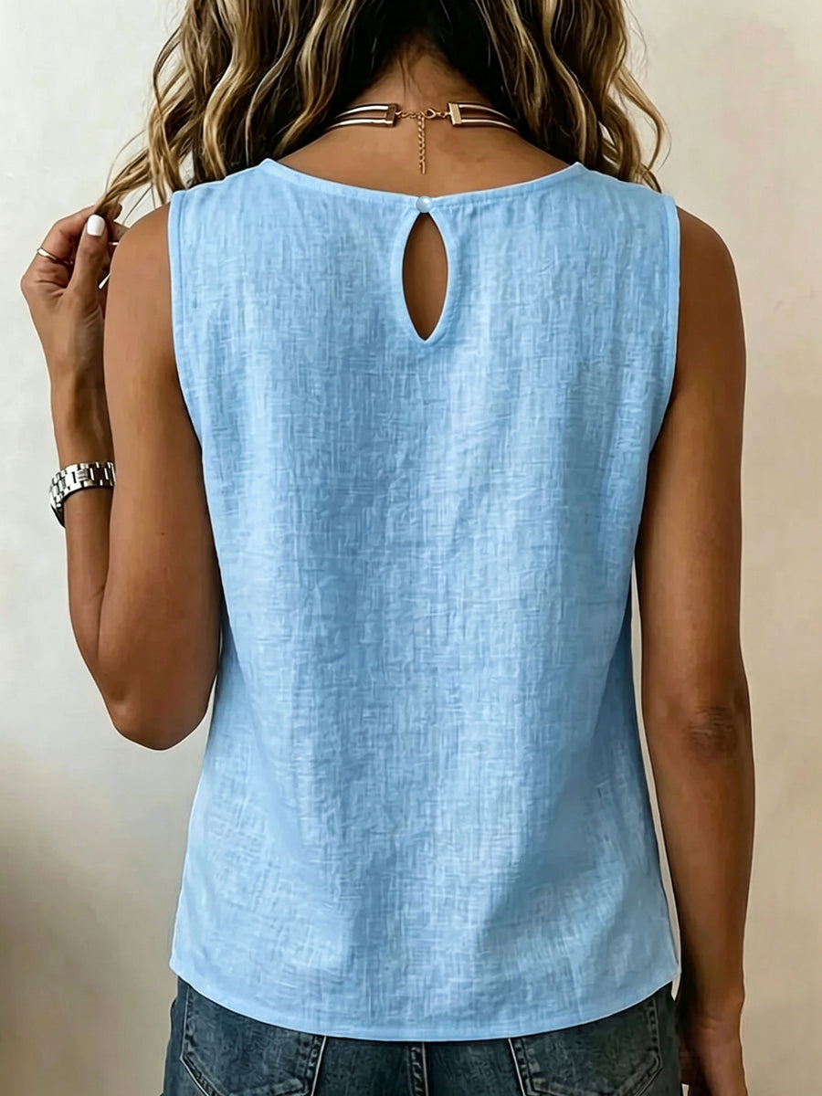 Summer Minimalist Style Round Neck Side-Button Versatile Sleeveless Shirt - Light Blue