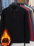 Men's -lined Lapel Polo Knit Sweater, with Plush Inner Lining, for Autumn and Winter Cold Protection. Suitable for Wearing Alone in Late Autumn and Early Winter, or as a Base Layer in Winter. Keeps You Warm Without Adding Bulk - Black