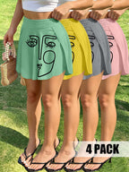 Four-Color Combination Abstract Face Line Print Romper, High-Waist A-Line Hip-Covering Slit Safety Shorts, Lightweight and Breathable Daily Versatile Skirt, 4pcs Set - Turquoise + Yellow + Light Gray + Pink