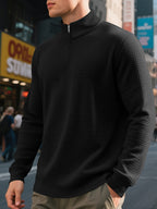 Men'S Four-Season Minimalist Casual Loose Jacquard Stand Collar Half-Zip Base Sweatshirt - Black