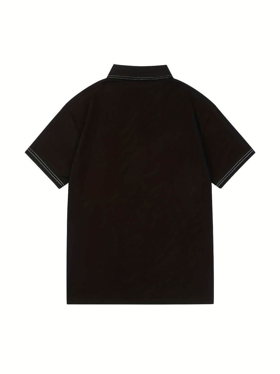 Summer Fashion Men's Collection: Contrast Stitch Collar Shirt with Letter Embroidery, Patchwork Top - Black
