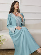 Najma Ladies' Loose Embroidered & Studded Long Robe for Festivals, Modest KaftanLadies' Loose Embroidered & Studded Long Robe for Festivals, Modest Kaftan - Light Blue