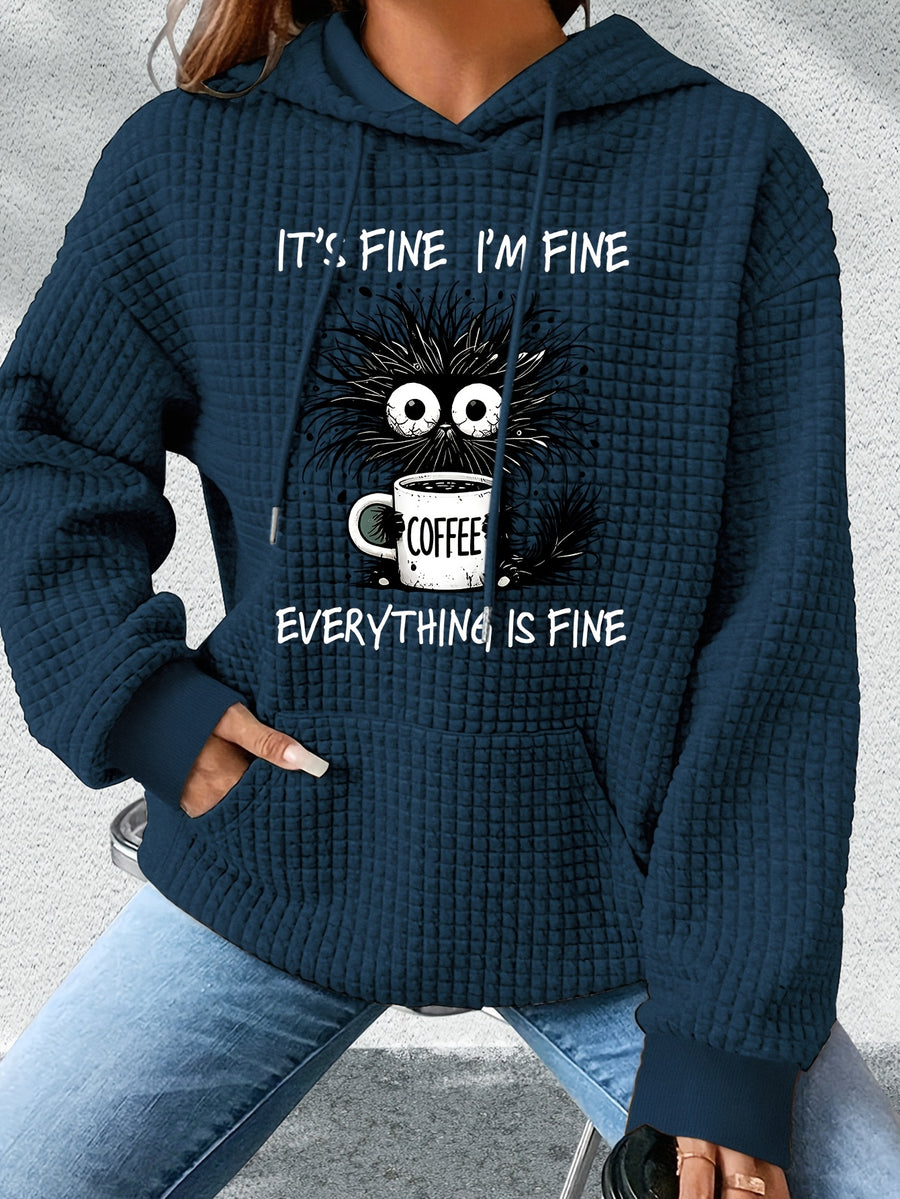 Women'S Black Hoodie with "It'S Fine I'm Fine Everything is Fine" Cartoon Cat & Coffee Design - Cozy Long Sleeve Pullover for Fall/Winter, Casual Everyday Hoodie, Casual Wear Hoodie | Playful Graphic Hoodie | Construction, Cat Hoodie - navy blue
