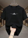 Minimalist Light Luxury Style Line Airplane White Label Print Casual Business Men'S T-Shirt, Daily Commute - Black
