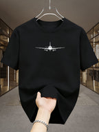 Minimalist Light Luxury Style Line Airplane White Label Print Casual Business Men'S T-Shirt, Daily Commute - Black