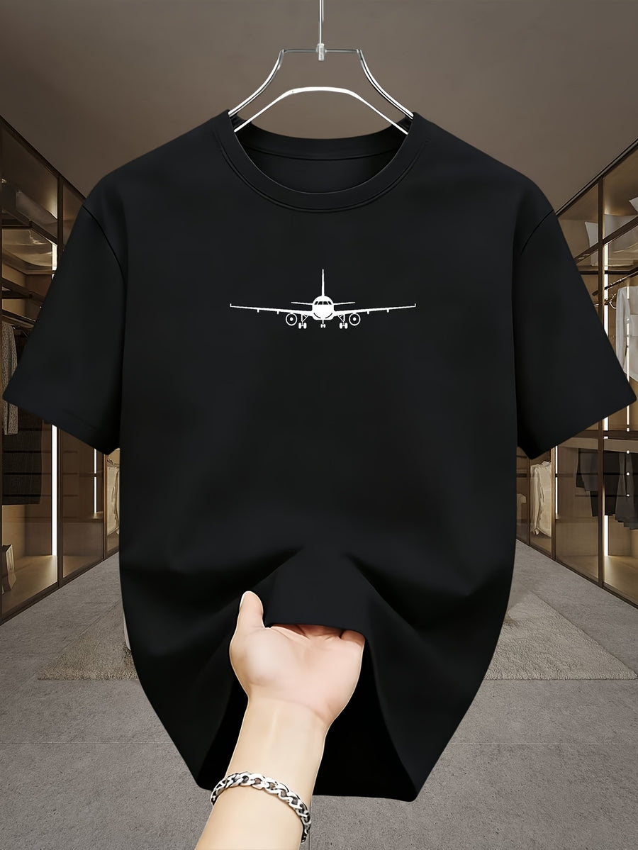Minimalist Light Luxury Style Line Airplane White Label Print Casual Business Men'S T-Shirt, Daily Commute - Black