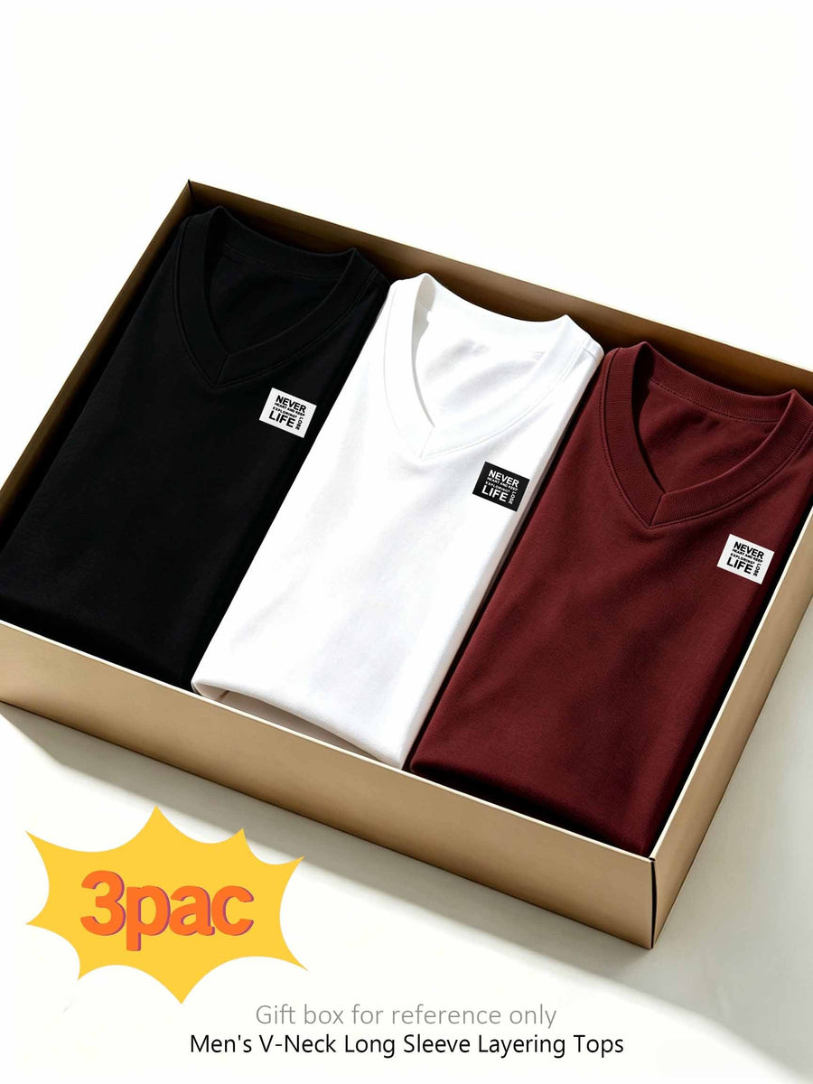 100%, 3pcs Men'S V-Neck Long Sleeve Chokers T-Shirts, Men'S Knit Sweatshirt, New Casual Athletic Ribbed Collar Top - Black+white+wine Red
