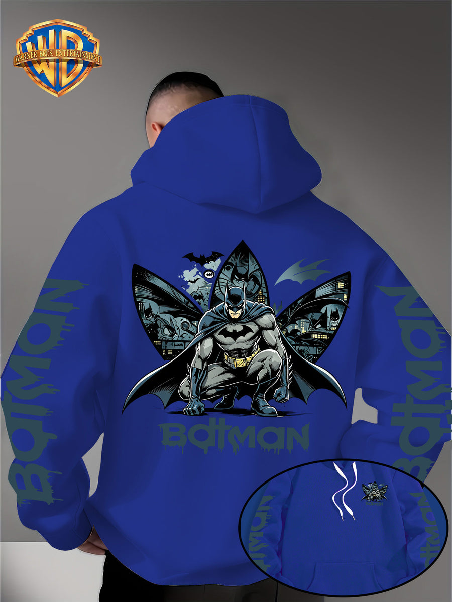 Warner Bros. Official 1pc Men's Hooded Long-Sleeve Sweatshirt - Batman Gotham Night Scene Multi-Panel Print + BATMAN Drip Graffiti Letter Creative Graphic Print, Letter Print on Both Sleeves, Cool DC Superhero IP Graphic Hoodie, Skin-Friendly - Blue