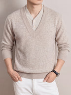 Autumn/Winter Thickened V-Neck Sweater, Men's Warm Casual Knit Top, Suitable for Daily Commuting and Business - Apricot