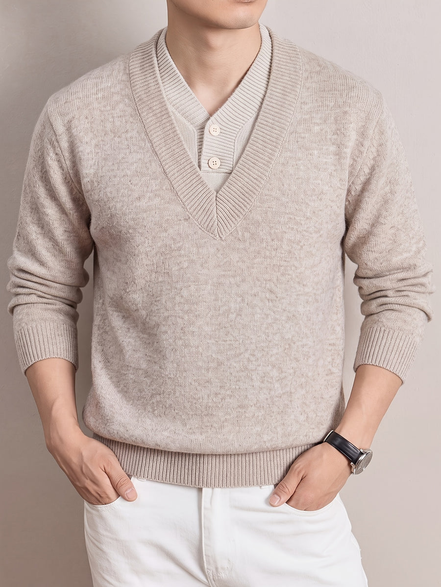 Autumn/Winter Thickened V-Neck Sweater, Men's Warm Casual Knit Top, Suitable for Daily Commuting and Business - Apricot