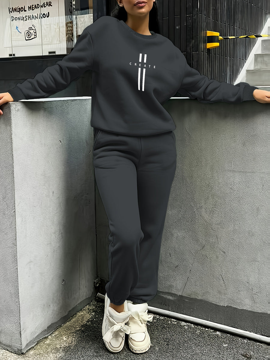 Women'S Autumn Winter Two-Piece Set, Easy Pattern Sweatshirt And Jogger Pants - Dark Gray
