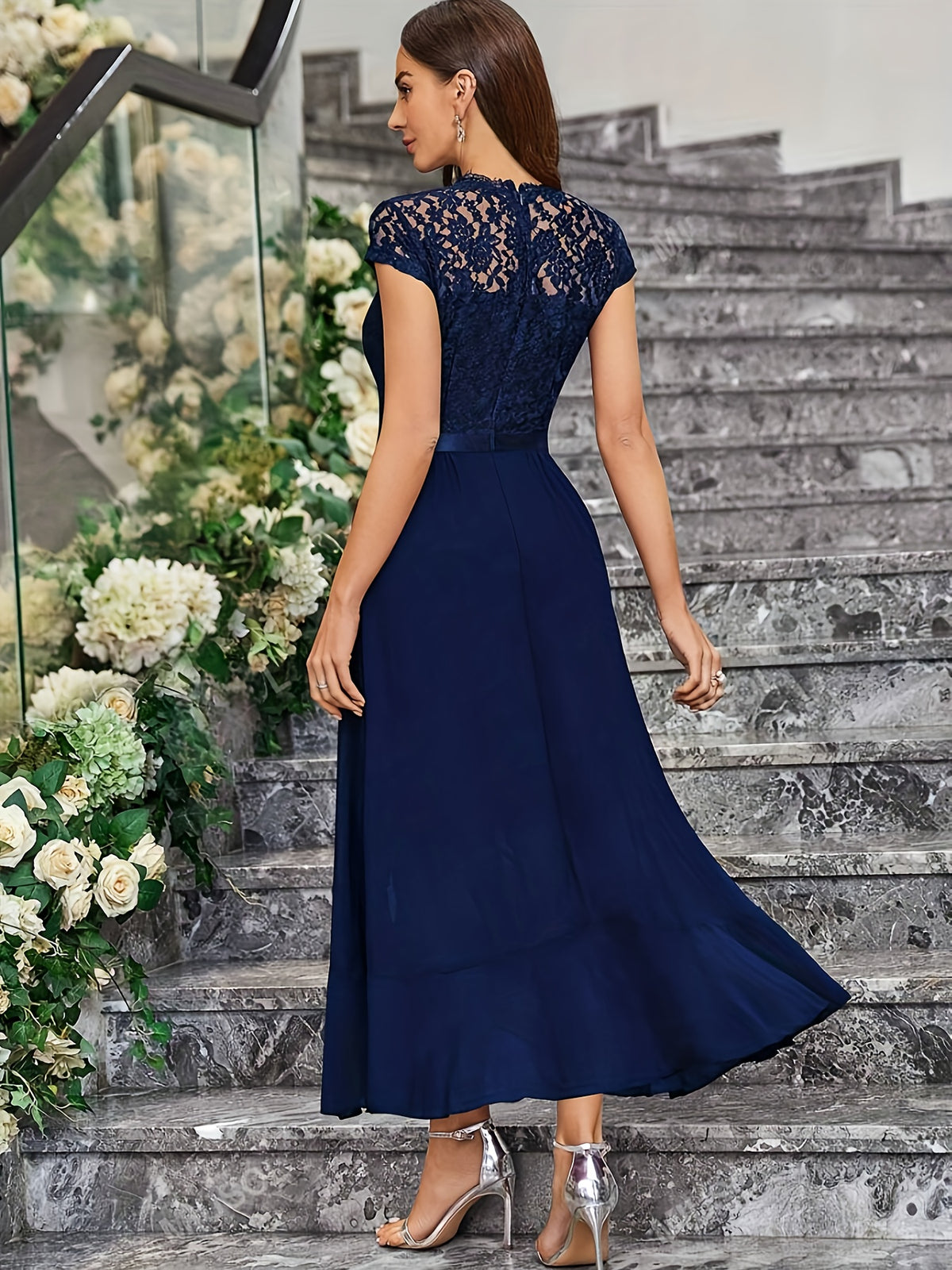 Western Hot Style Women'S Bridesmaid Dress Elegant Waist-Cinching Proper Party Gown Wedding Guest Outfit - Navy Color