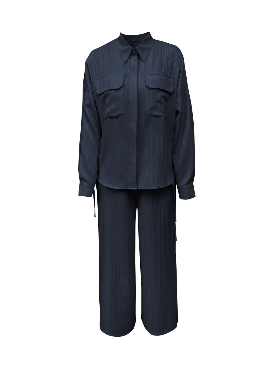Autumn New Casual Comfortable Versatile Streetwear Long-Sleeve Collared Top with Pants 2pcs Set for Women, Belt Not Included - Navy blue color