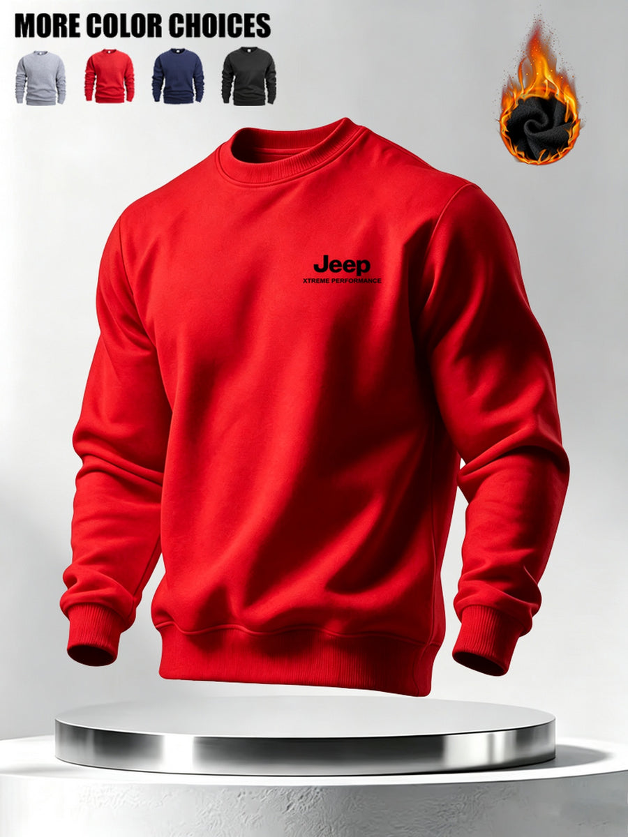Autumn Winter Men'S Thickened Fleece Round Neck Sweatshirt JEEP Letter Print Loose Long Sleeve Pullover 4 Colors Available Soft Skin-Friendly Daily Commute Inner Outerwear All-Match Warm Casual Base Layer Top - Red A