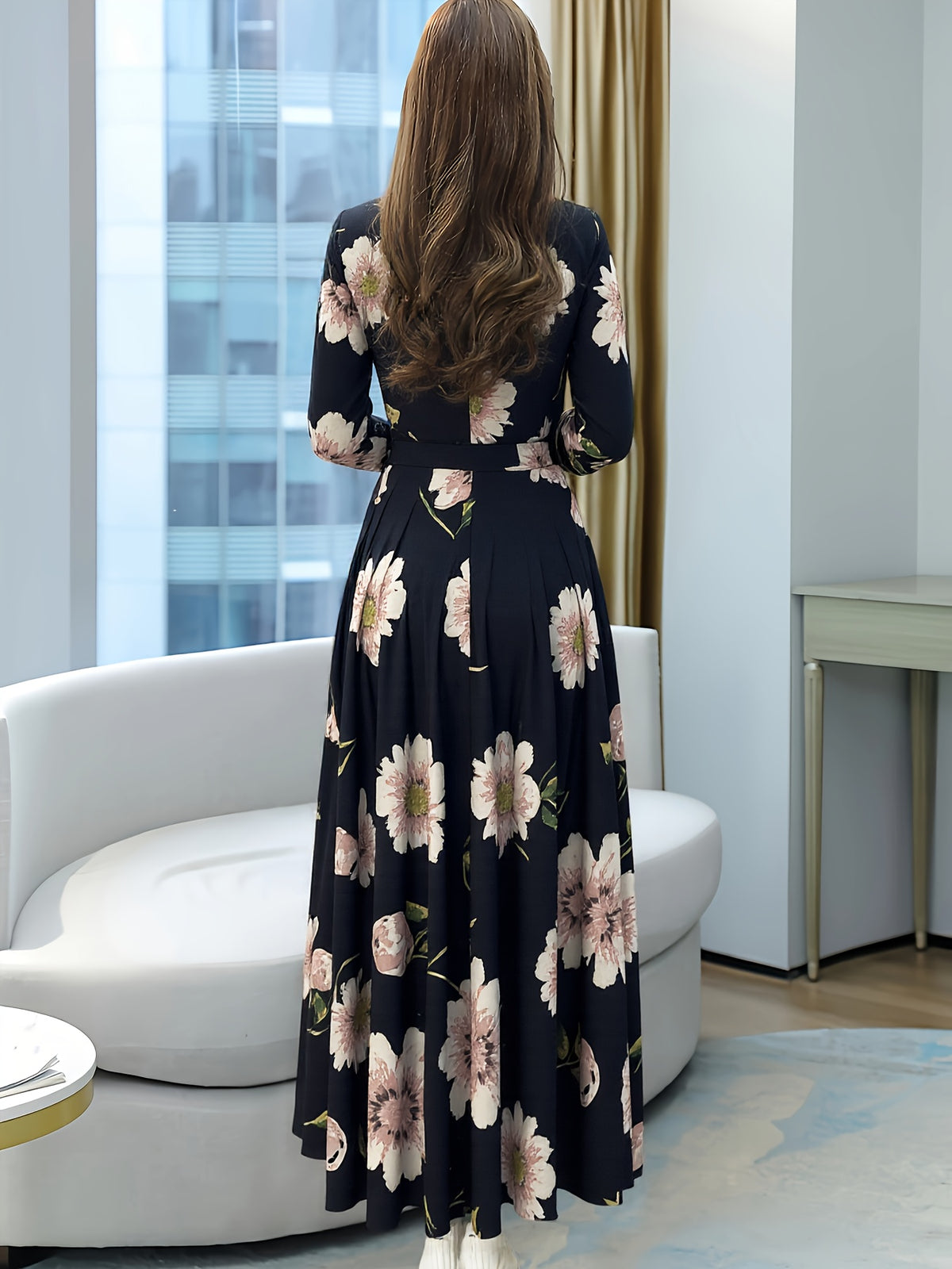 Fortune-Attracting Printed Women's Long-Sleeve Dress - Black