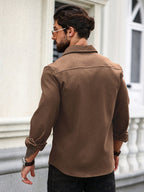 Men's Fashionable and Comfortable Long-Sleeve Shirt for Halloween and Christmas, Classic Single-Pocket Style, Suitable for Autumn, Street Style, Urban Casual, and Back-to-School Season, Comfortable Fabric, Versatile Top, Men's Autumn Casual Solid - Dark Brown