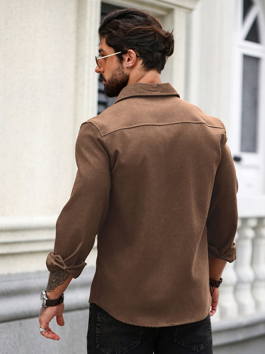 Men's Fashionable and Comfortable Long-Sleeve Shirt for Halloween and Christmas, Classic Single-Pocket Style, Suitable for Autumn, Street Style, Urban Casual, and Back-to-School Season, Comfortable Fabric, Versatile Top, Men's Autumn Casual Solid - Dark Brown