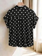 Women'S Elegant Easy Design V-Neck Puff Sleeve Lapel Short Sleeve Summer Shirt - Black