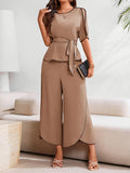 Two-Piece Women'S Casual Elegant Color Block Round Neck Short-Sleeved Shirt And Wide-Leg Pants Set - Khaki