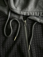Men'S Hooded Knit Cardigan, Small Checkered Jacquard Zipper Hoodie, Knit Hooded Sweater, Comfortable And Warm, Essential for Autumn And Winter Outdoors, Suitable for Outings And Daily Home Wear - Black
