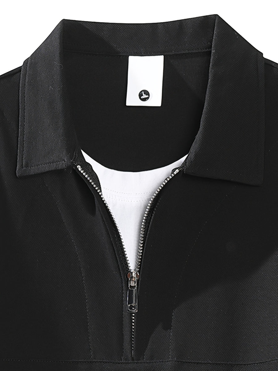 Half-zip Solid Color Polo Shirt, Simple Casual Versatile Top, Men's Lightweight Short-sleeve for Commuting - Black
