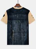 Print Design Not Textured Faux Denim Style Men'S T-Shirt, Retro Pocket Print And Golden Logo, Summer Round Neck Short Sleeve, Comfortable Outdoor Top, Perfect Gift for Him - Mixed colors