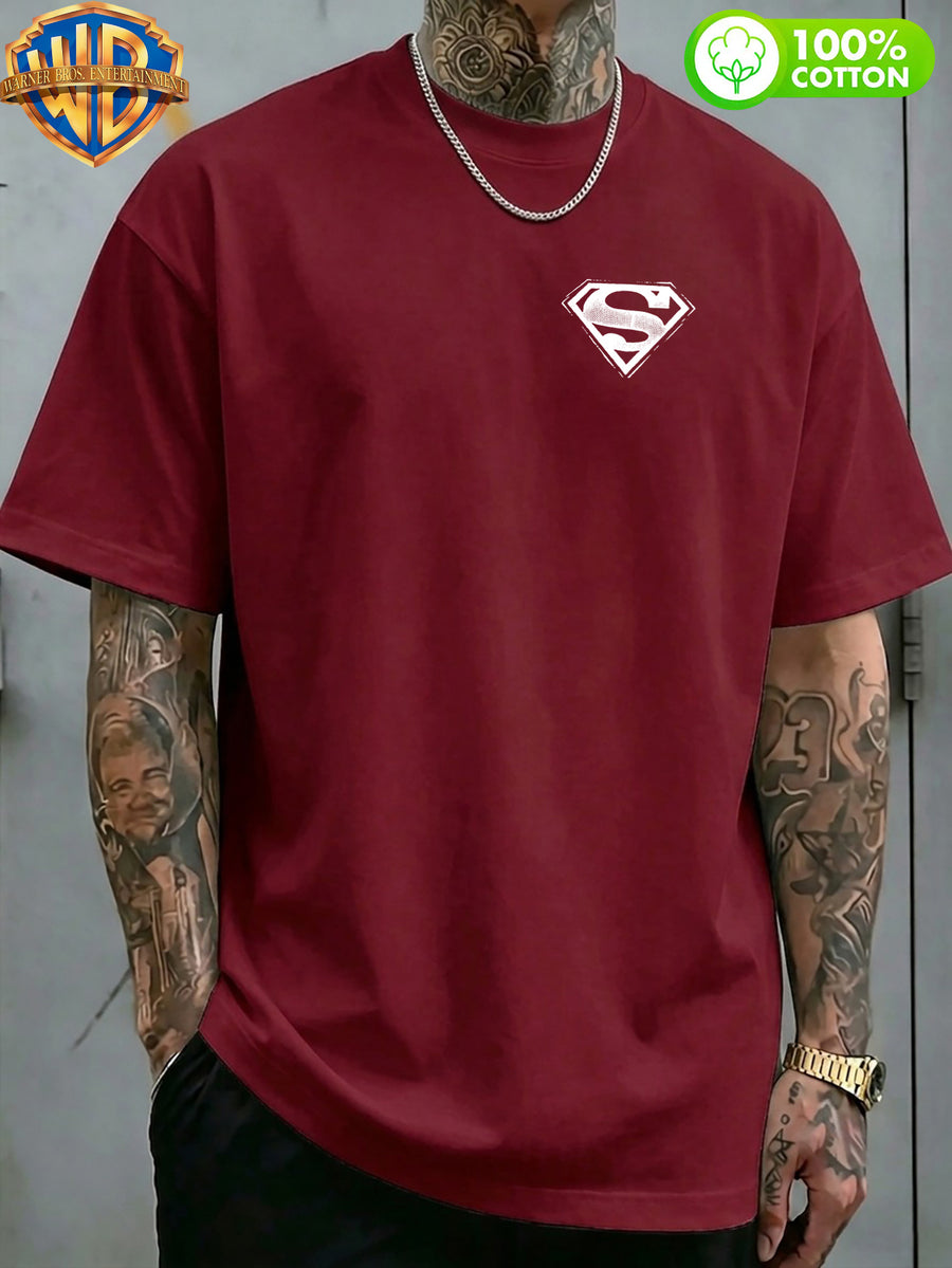 1pc WB Warner Bros. Official DC Superman Icon T-Shirt - Men's & Unisex Vintage Print, 100% Cotton Loose Fit Short Sleeve Tee with Superman, Casual Round Neck Shirt Suitable for Gym, Office, Daily Wear - Father's Day Gift for - Burgundy