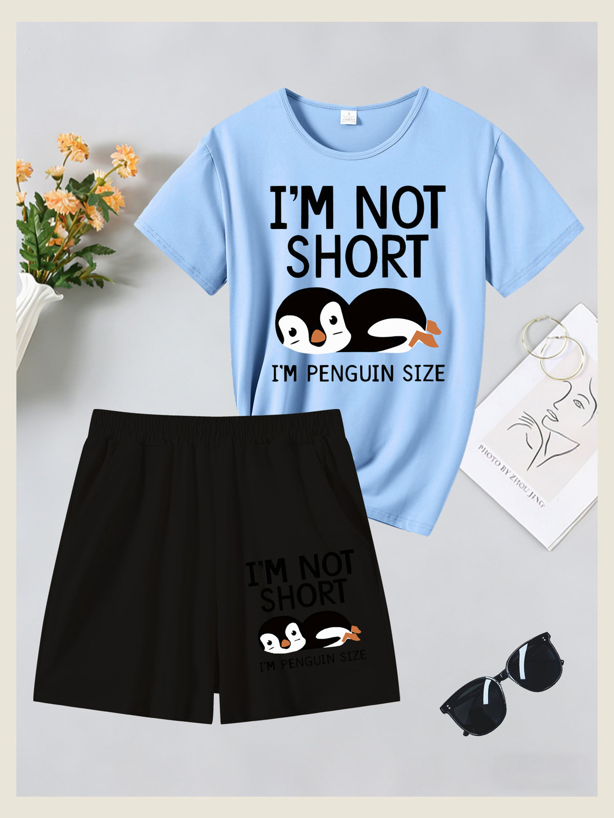 2pcs Women'S Summer Short Sleeve Set - I'M NOT SHORT Fun Penguin Print Short Sleeve And Shorts Outfit, Comfortable, Soft, Breathable Sportswear for Daily Wear, Suitable For, Campus, Valentine'S Day, Women'S Pajamas, Jogging, Fitness - Sky Blue+Black