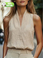 Summer Women'S New Fashion Premium Sense Professional Daily Commute Solid 100% Versatile Easy Halter Off-Shoulder V-Neck Tank Top Blouse ASD1 - Linen