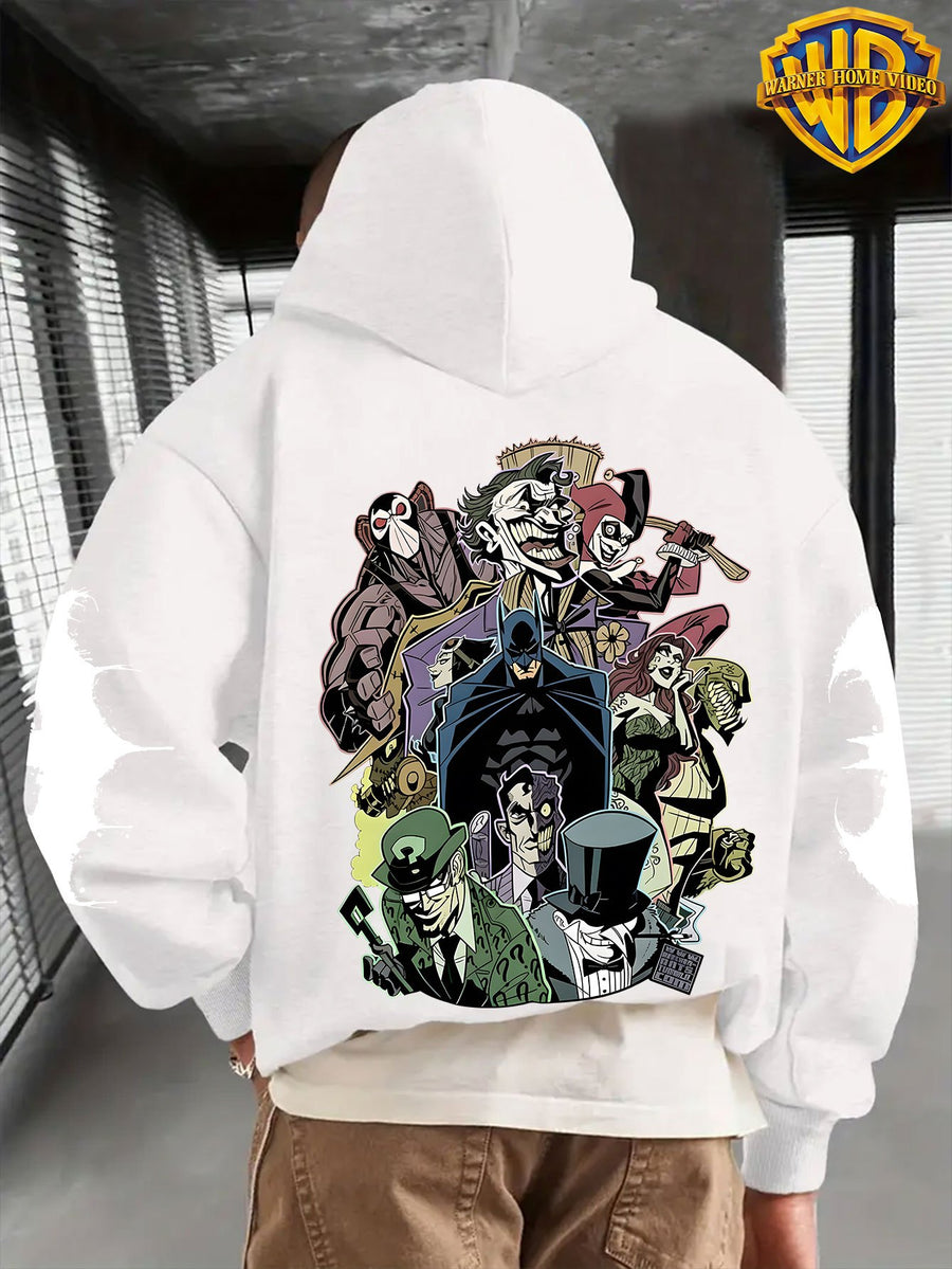 Warner Men's New Trendy Hoodie, Warner's Batman IP Co Branded Batman Villain Collection Printed Hoodie, Casual Daily Drawstring Hoodie, Long Sleeved Pullover, Machine Washable, Versatile Sports Casual Loose Men's Casual Hoodie, Front Kanga - White