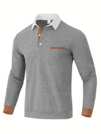 2025 Cross-Border European and American Fashion Men's Shirt Collar Long-Sleeve T-Shirt, Pocket Patchwork; Cuff Patchwork Style; Casual Long-Sleeve Lapel Polo Shirt;, Regular Fit, Autumn, Daily - Light Grey