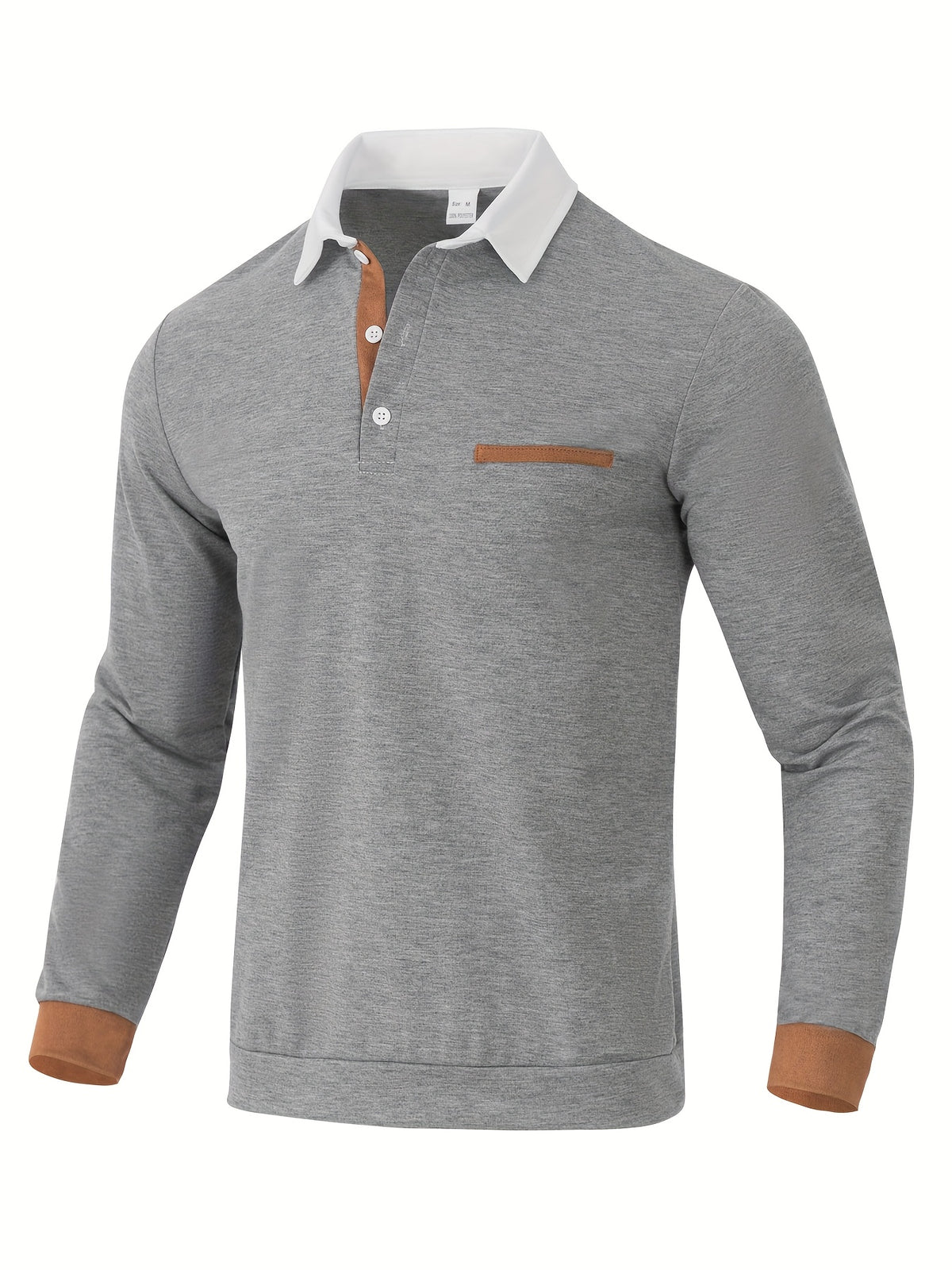 2025 Cross-Border European and American Fashion Men's Shirt Collar Long-Sleeve T-Shirt, Pocket Patchwork; Cuff Patchwork Style; Casual Long-Sleeve Lapel Polo Shirt;, Regular Fit, Autumn, Daily - Light Grey