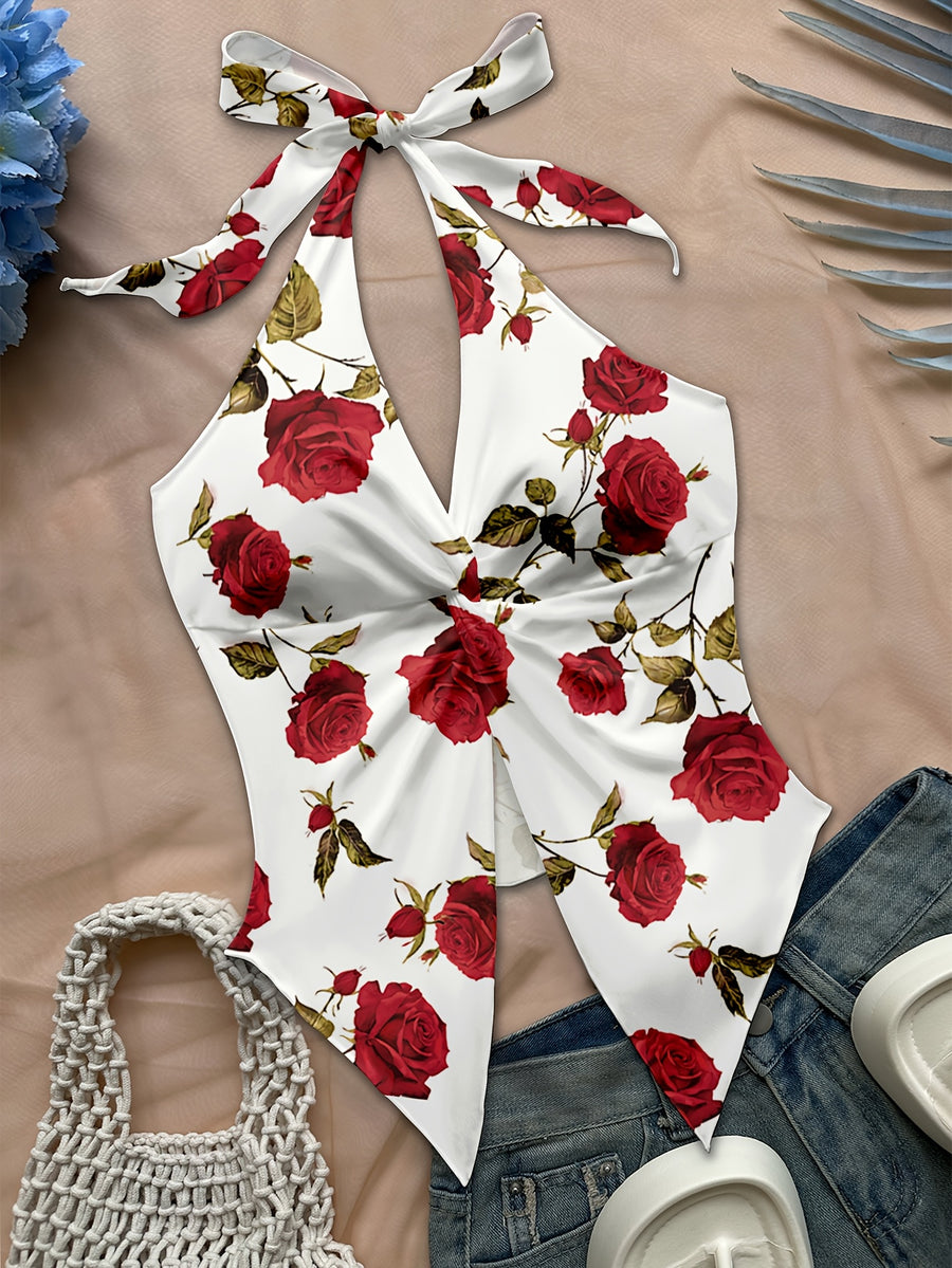Women'S Spring/Summer Fall Boho Beach Vacation Outfits Marine Floral Leopard Print Trim Bustier Slim Fit Camisole Halter Top, Y2K Vintage Concert Outfit - Deep Red