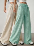 2pcs Summer Women'S New Linen Synthetic Wide-Leg Pants Women'S High-Waist Drapey Loose Vacation Style Straight Casual Trousers Striped Solid Color Drawstring Floor-Length Pants Commute All-Match Women'S Trousers - Apricot + Green Stripes