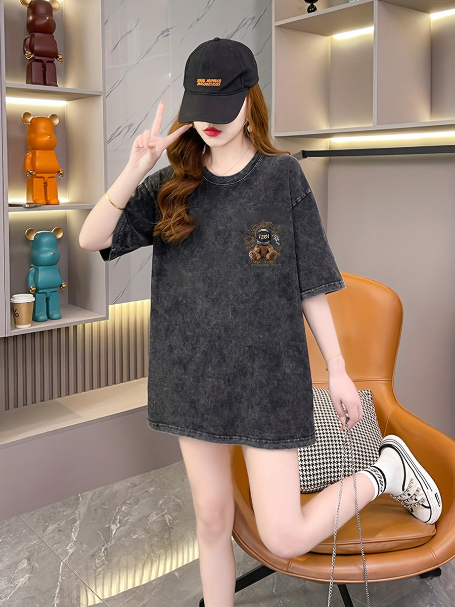 Women's Heavyweight 200gsm Vintage Graphic T-Shirt - Non-Stretch Pure Tee with Retro Bear Back Print, Y2K Streetwear Outfit Essential for Spring/Summer/Fall - Casual Everyday Party Top, Seasonal Wardrobe Staple, Playful Design Shirt, Durable - Black