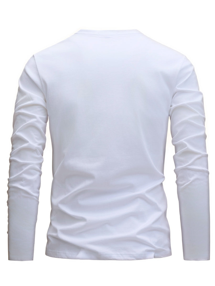 100% Cotton Men's T-Shirt, Spring Long Sleeve Thin Top, Trendy, Fashionable, Simple, Casual, Versatile, Suitable for Commuting and Daily Wear, Geometric Line Pattern, Stylish, Elegant, , and Fun - White