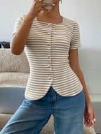 Women's Square-neckline Open-front Shirt with Textured Horizontal Stripes, a Cinched-waist Slim-fit Top Suitable for Commuting, Casual Wear, Vacation Outfits, Minimalist, and Vintage-style Office Attire - Khaki